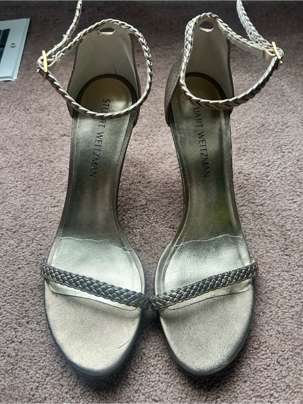 Stuart Weitzman Gold Braided Ankle-Strap Sandals
